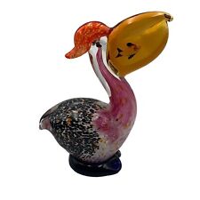 Translucent Multi Colored Glass Fusion Pelican Figurine with Fish in Gullet picture