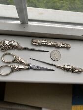 Antique 800 Silver Sewing Scissor, Needle Case, Stiletto And Hook Matched Set picture