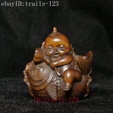 Old Chinese boxwood hand carved Lotus Leaf Fish Lad boy figurine statue H 5 CM picture