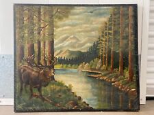 🔥 Antique Old Primitive American Folk Art Forest Elk Landscape Oil Painting '26 picture