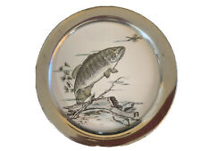 Reed and Barton Porcelain Handcolored Trout Tray Antique Silverplate Mid-Century picture