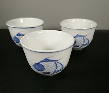 Vintage Chinese Koi Fish Blue Tea Bowl Cup Set of 3 Teacup 5cm tall picture