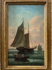 🔥 Antique Old 19th c. Nautical Ship Seascape American Folk Art Oil Painting picture